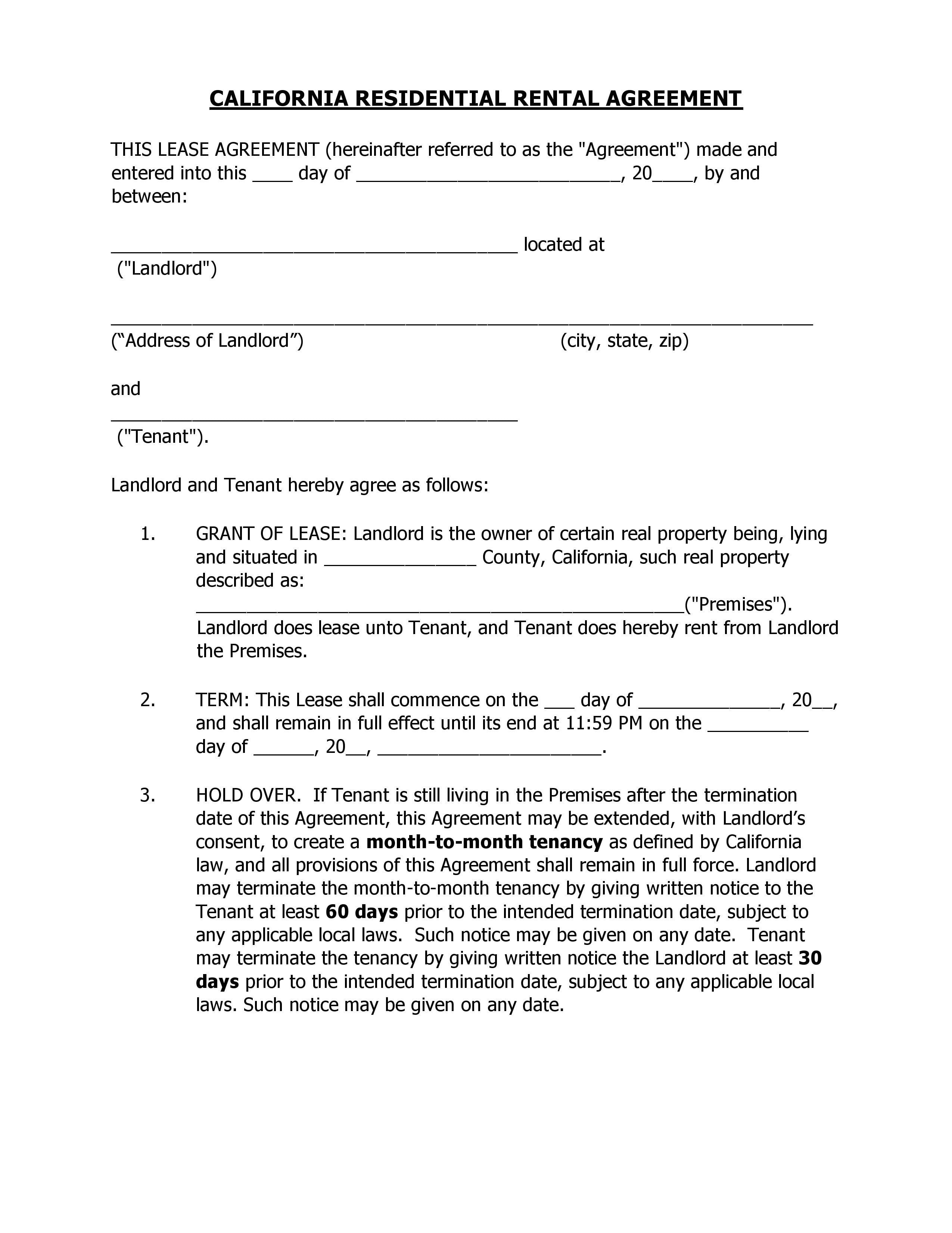 Download Free California Residential Rental Agreement Printable Lease