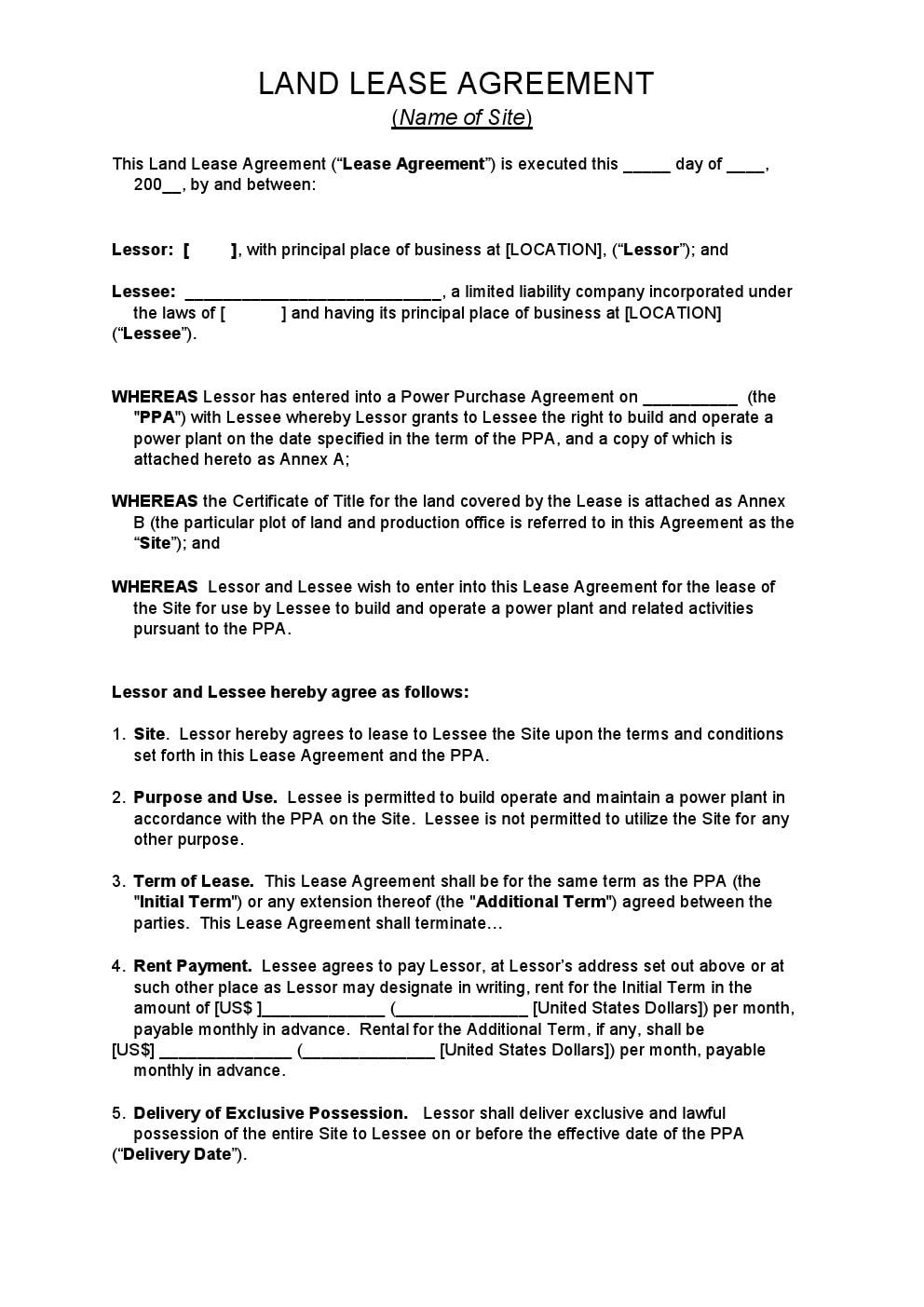 Download Free Land Lease Agreement Printable Lease Agreement