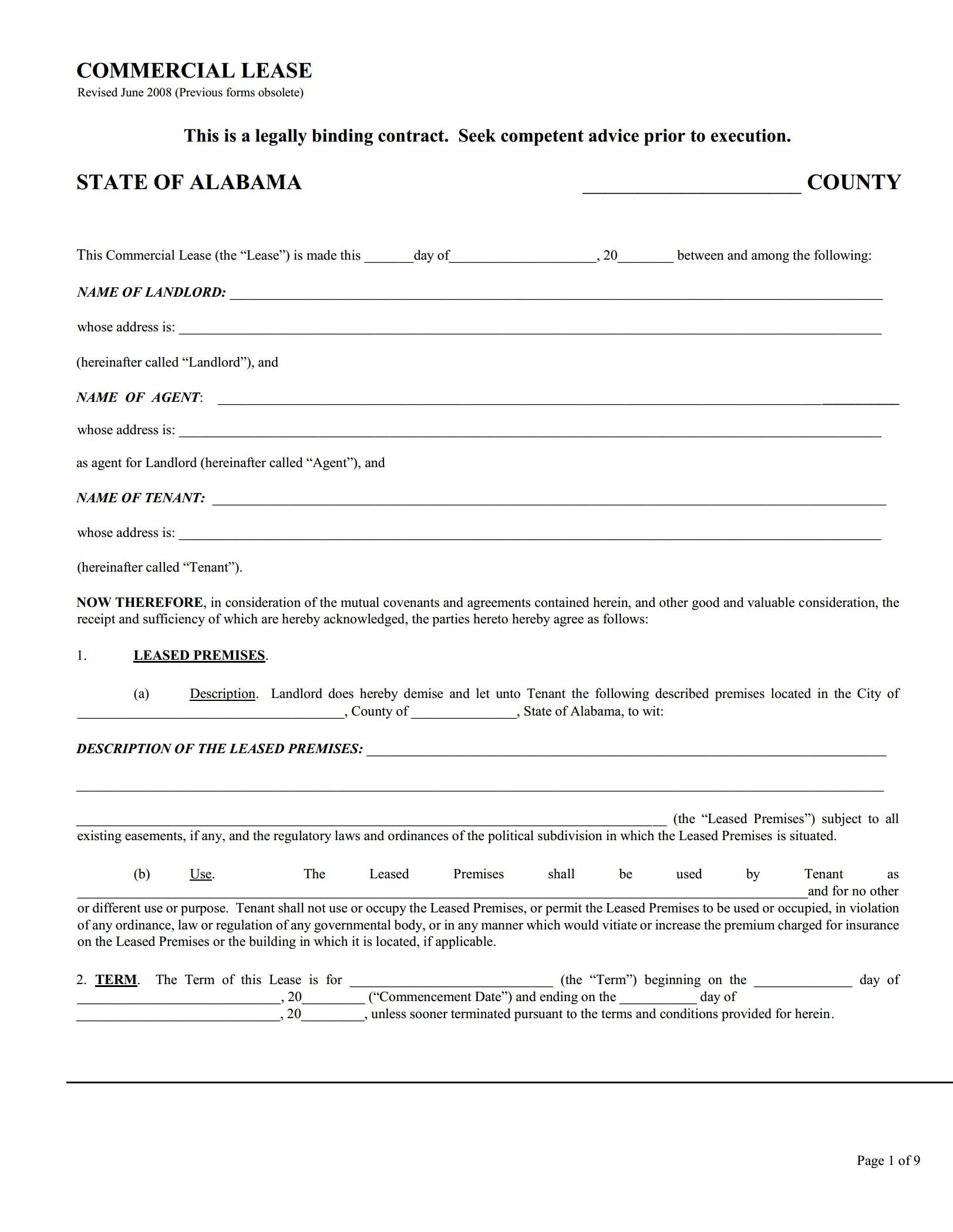 Alabama Commercial Lease Agreement