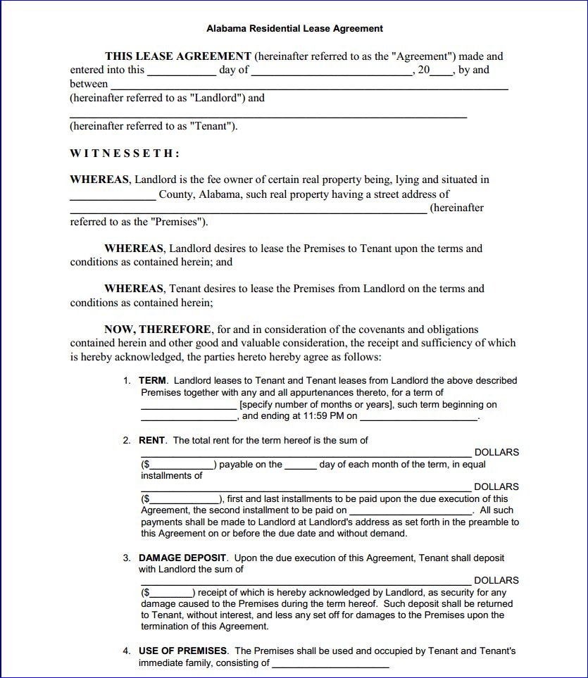 Download Free Alabama Residential Lease Agreement Printable Lease