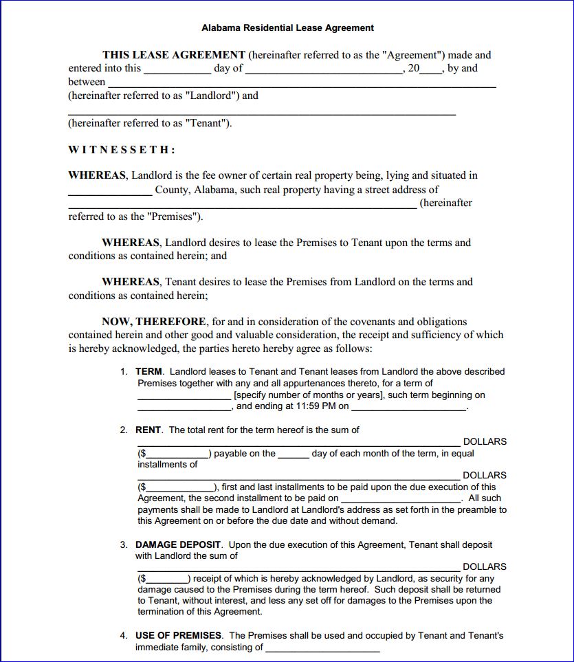 Download Free Alabama Residential Lease Agreement Printable Lease 