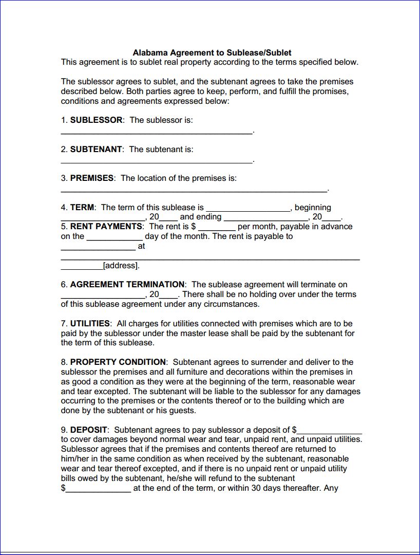 Download Free Alabama Sublease Agreement Form Printable Lease Agreement