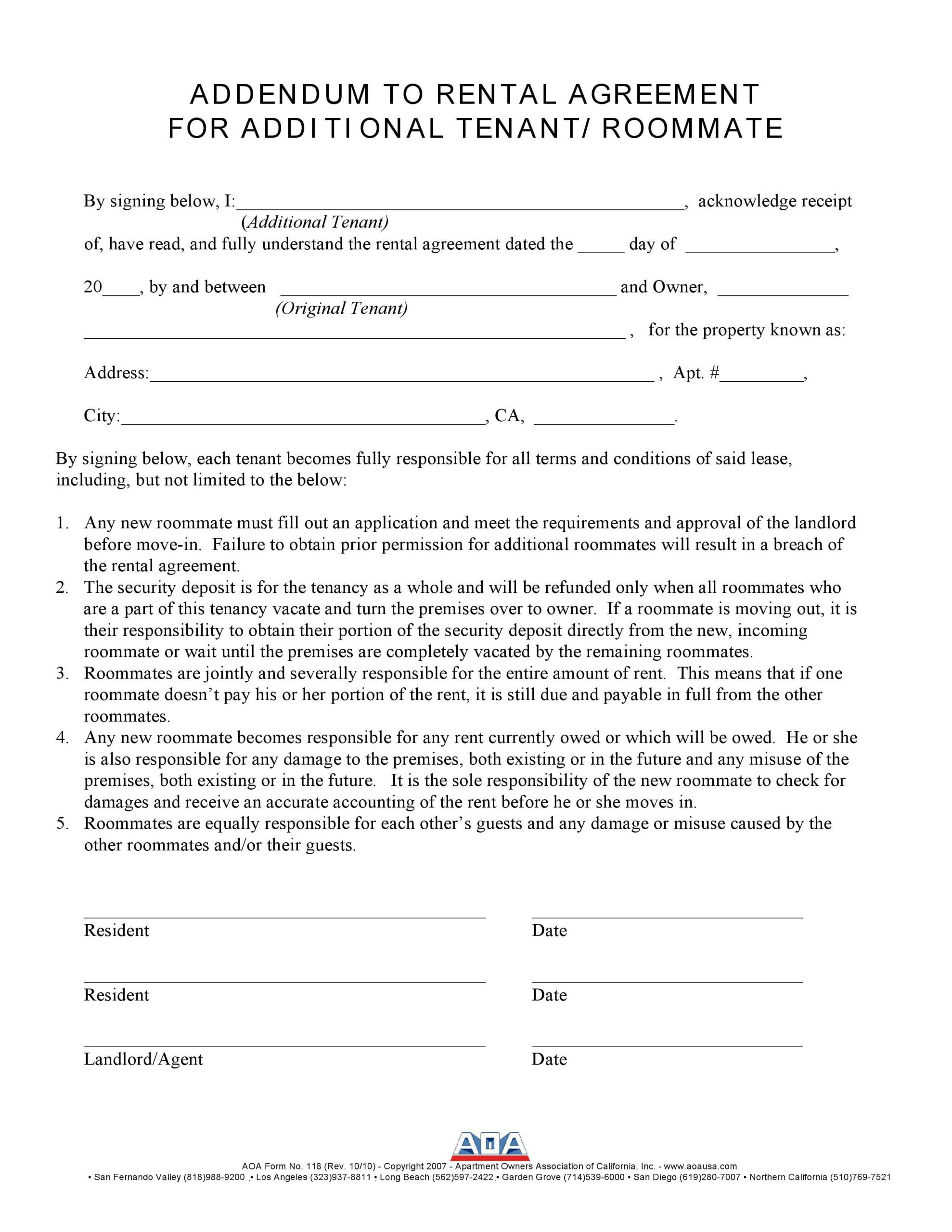 Download Free California Additional Tenant Addendum To Rental Agreement Printable Lease Agreement