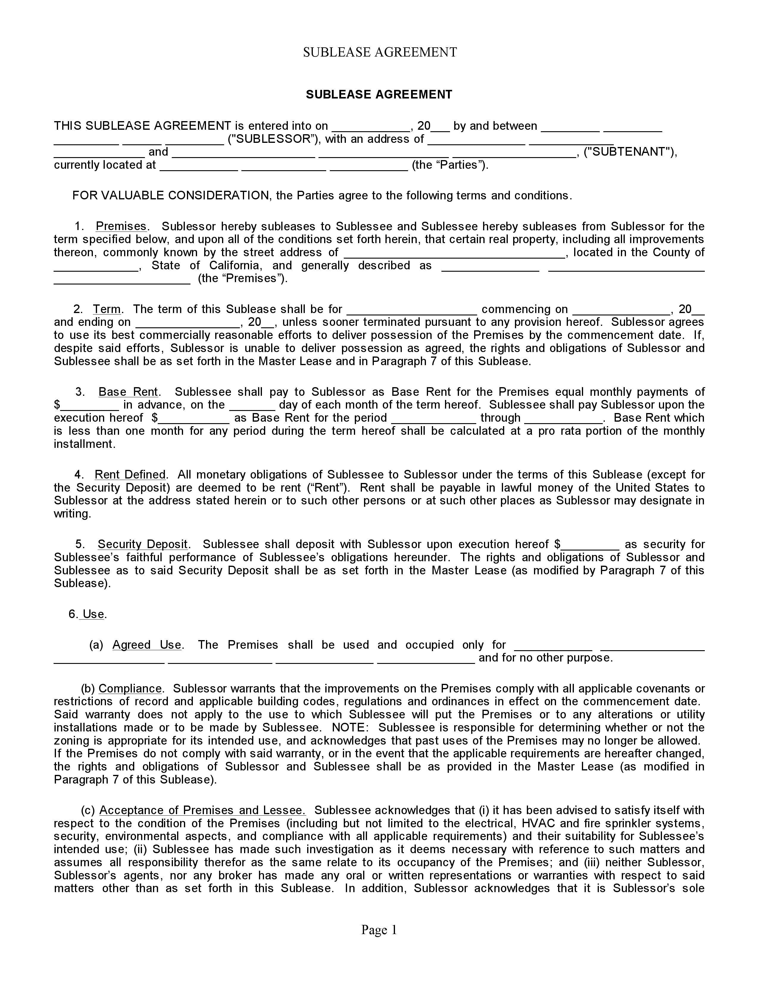 Download Free California Sublease Agreement - Printable Lease With Regard To sublease commercial agreement template