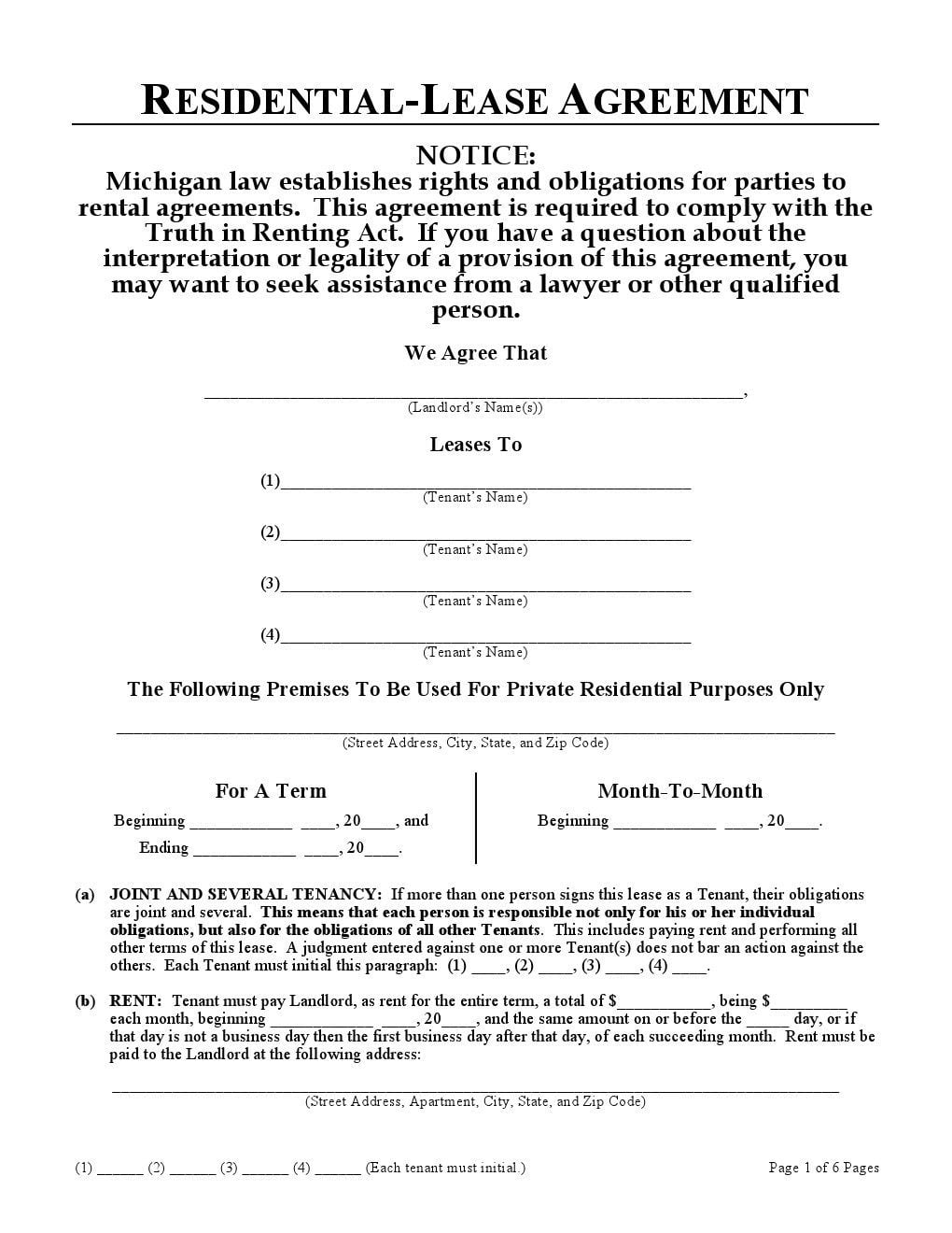 Michigan Residential Lease Agreement