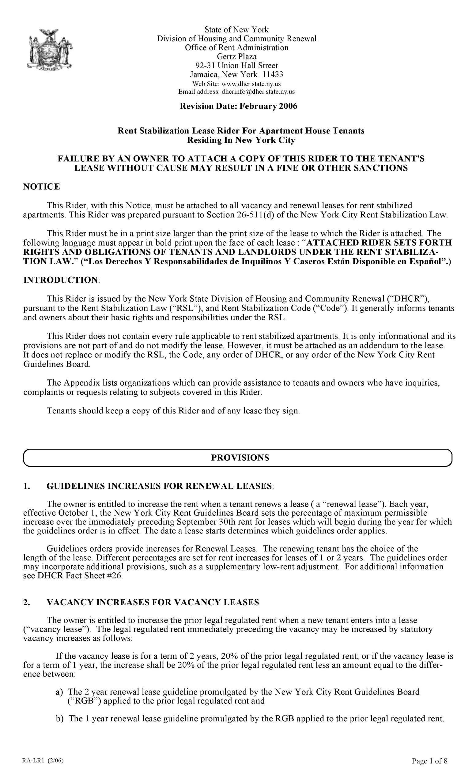 New York City Lease Rider For Rent Stabilized Tenants - RA-LR1 Form
