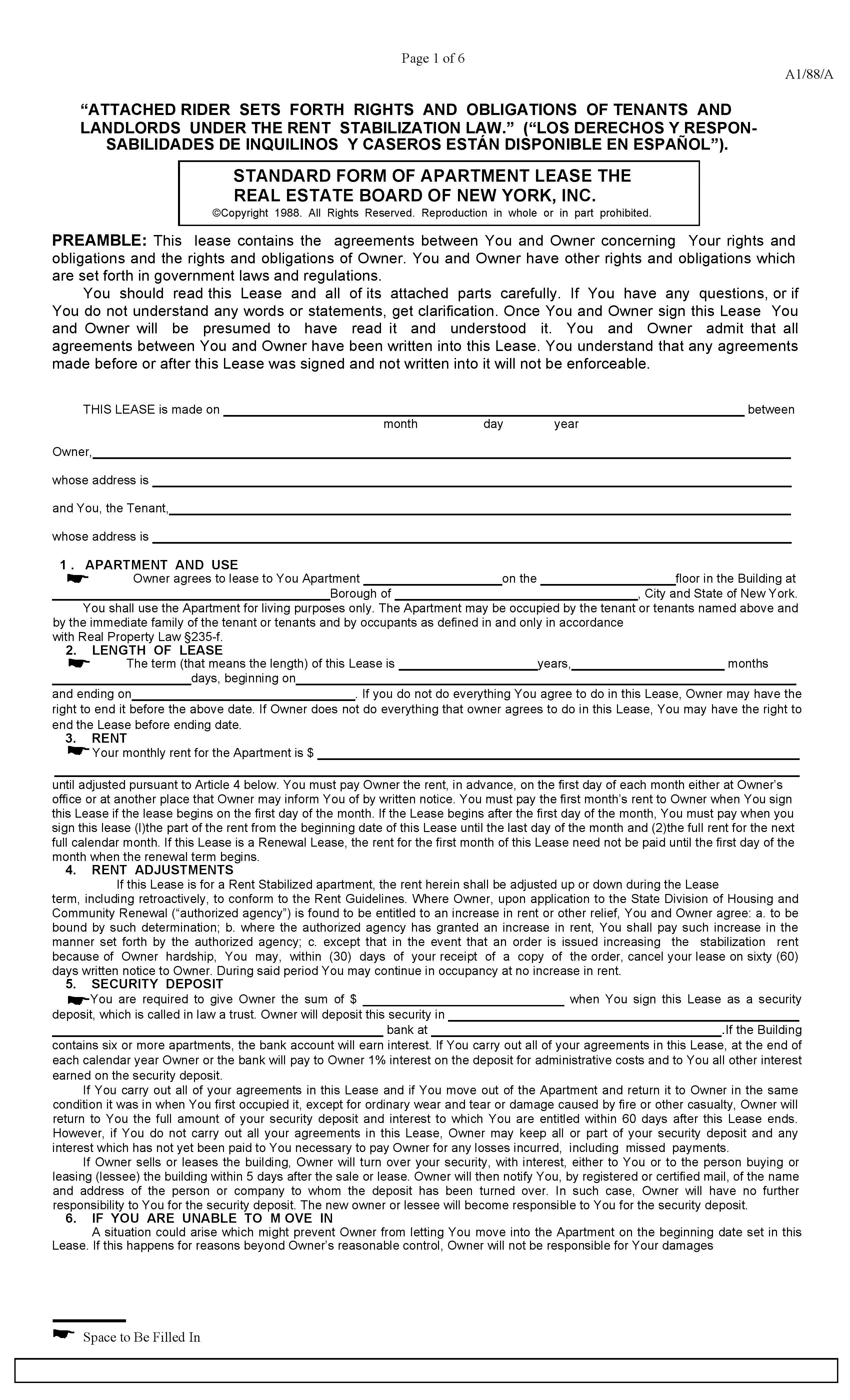 Download Free New York Standard Rental Lease Stabilized with Rider