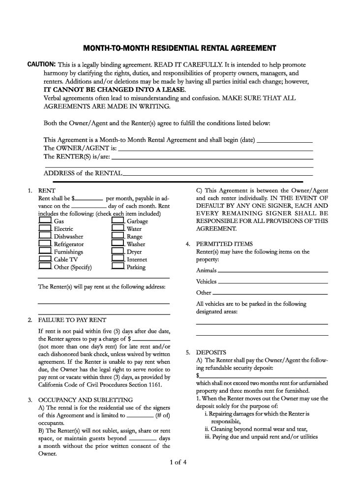 Download Free California Month To Month Rental Agreement Printable
