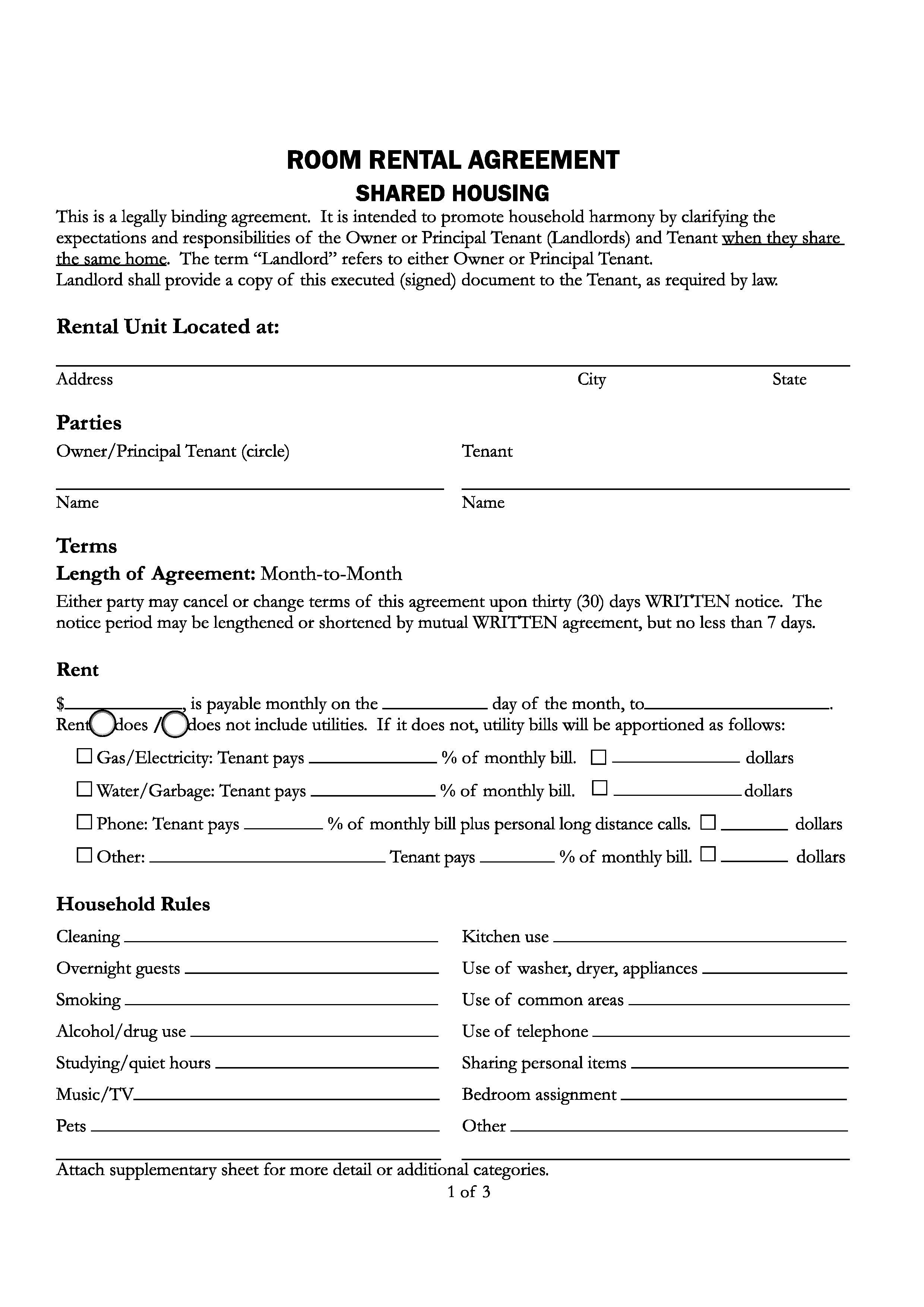 Download Free California Room Rental Agreement Printable Lease Agreement