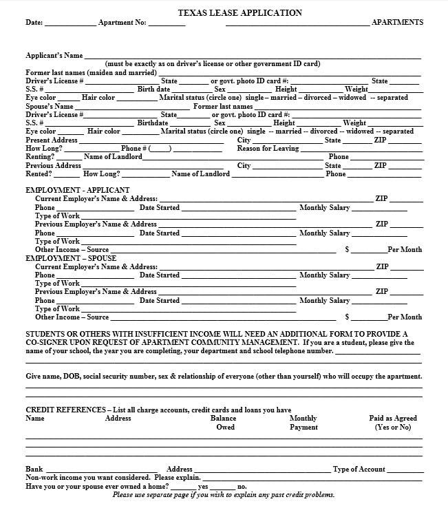 Texas Rental Lease Application Form