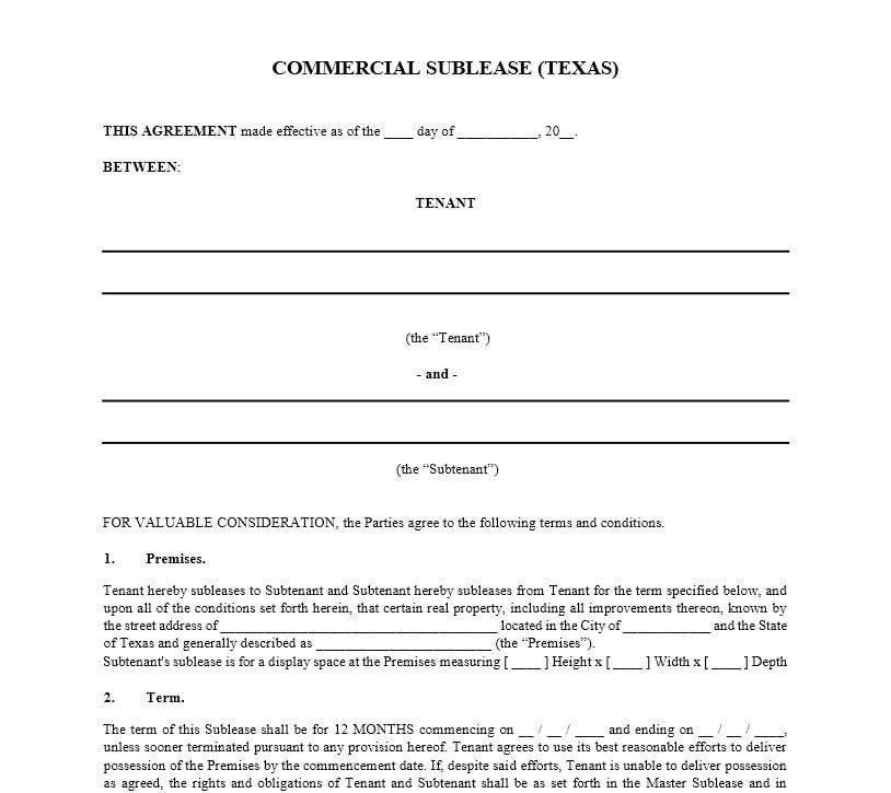 Texas Sublease Agreement - Commercial