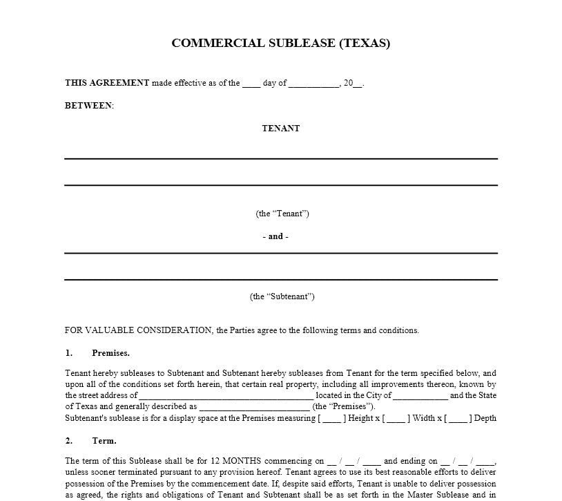 Download Free Texas Sublease Agreement Commercial Printable Lease 