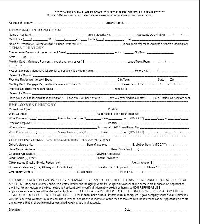 Arkansas Rental Application Template