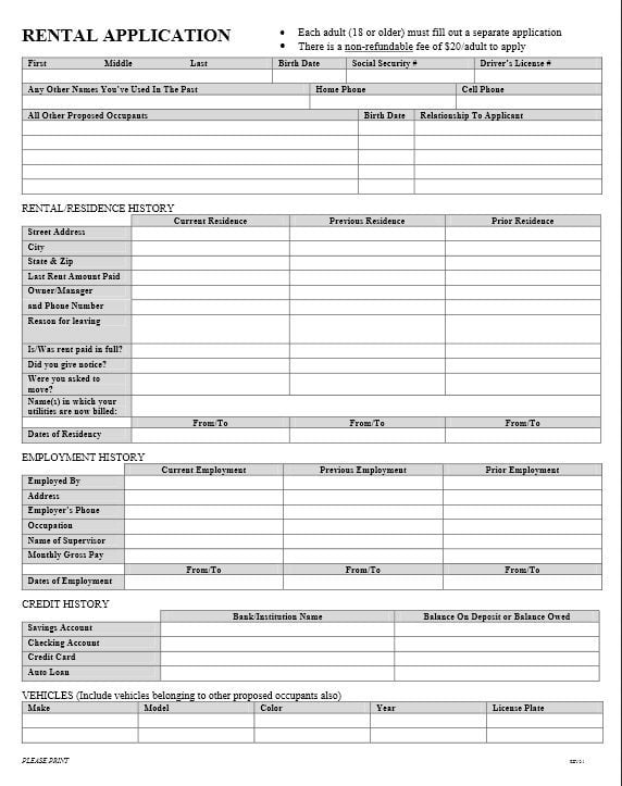 Blank Rental Application Form