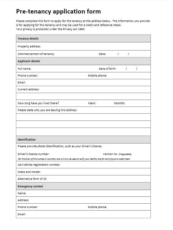 Download Free PreTenancy Application Form Printable Lease Agreement