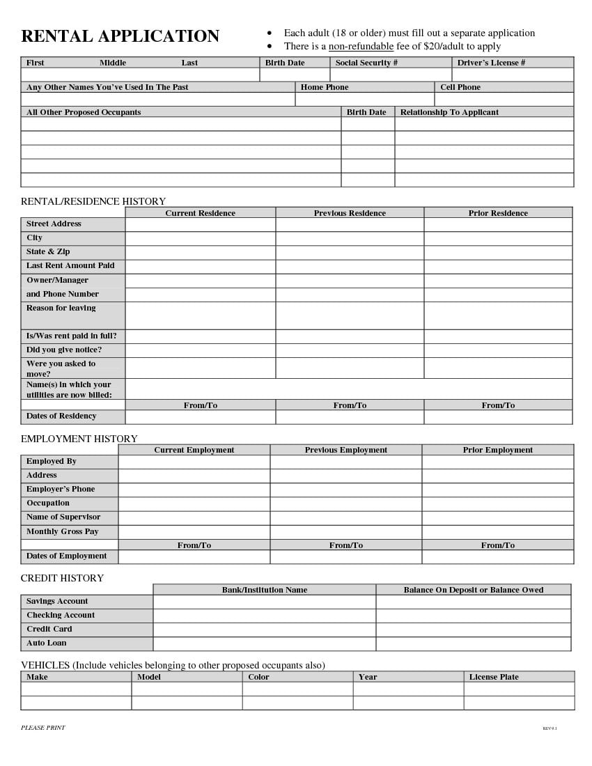 Download Free Blank Rental Application Form Printable Lease Agreement