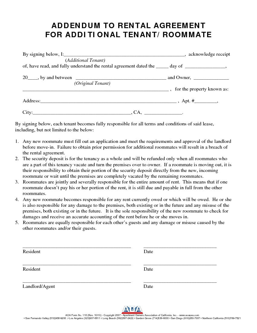 Download Free California Additional Tenant Addendum To Rental Agreement 