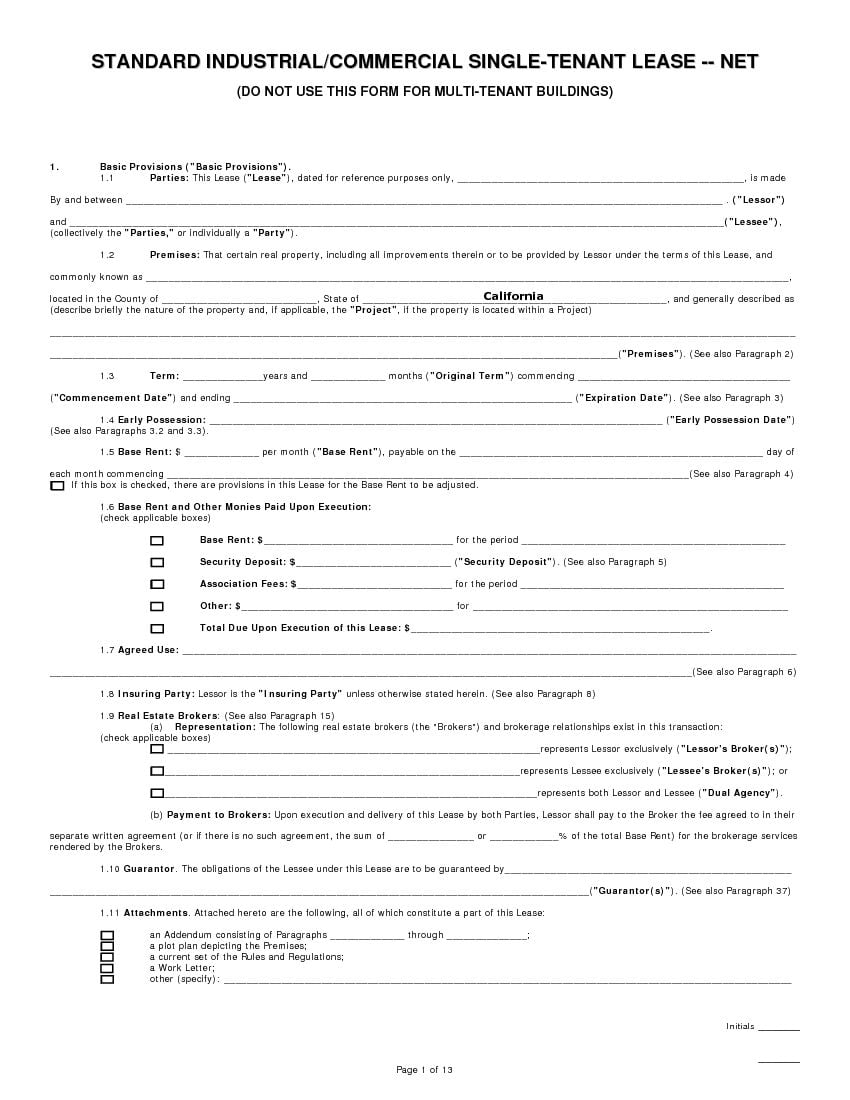 Download Free California Commercial Lease Agreement Single Tenant Net Printable Lease Agreement