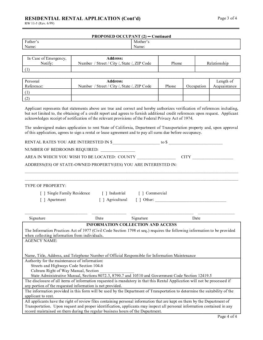 Download Free California Rental Lease Application RW 11 5 Form Printable Lease Agreement