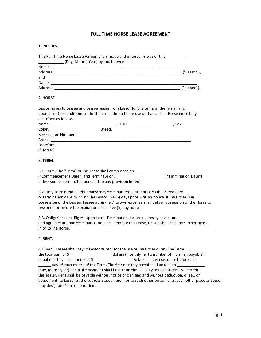 Download Free Full Time Horse Lease Agreement Printable Lease Agreement