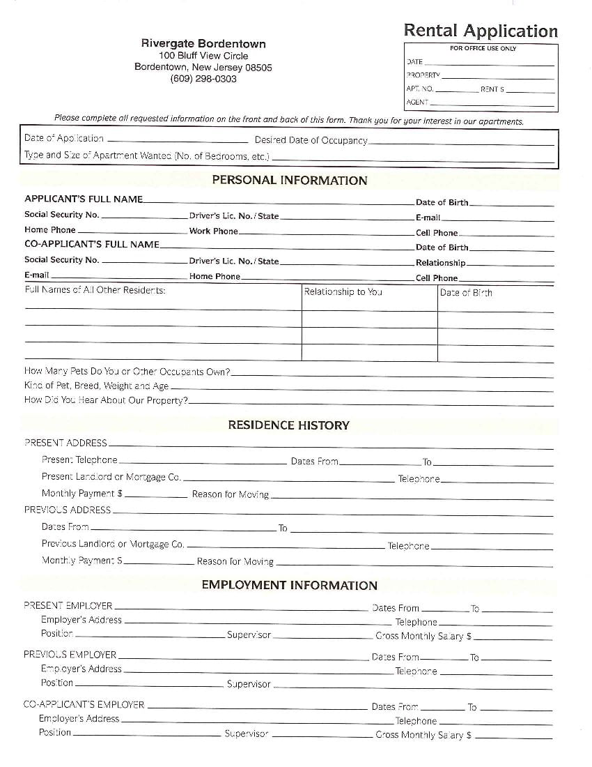 Download Free New Jersey Rental Application Form Printable Lease 