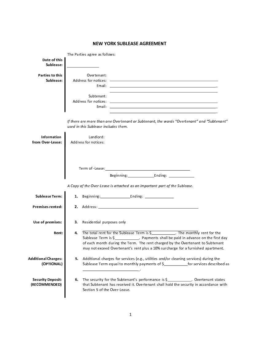 download free new york sublease agreement printable