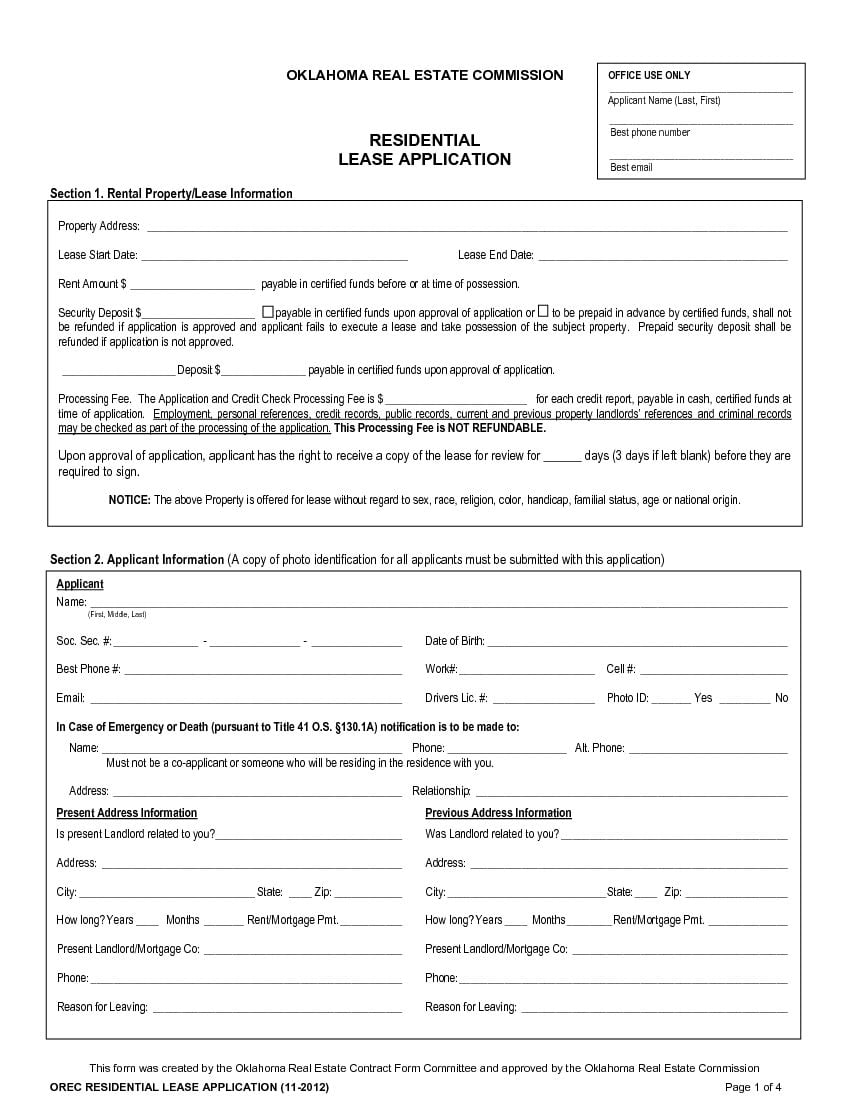 download free oklahoma residential lease application printable lease