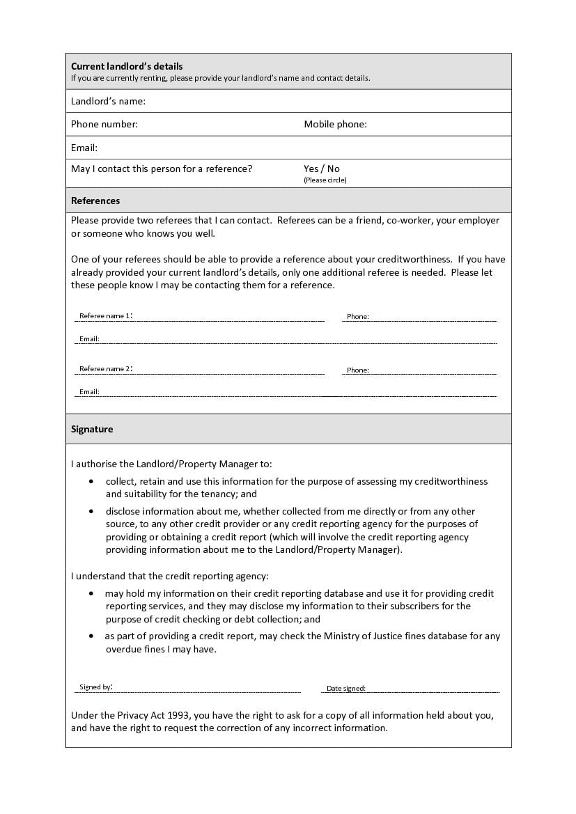 Download Free Pre Tenancy Application Form Printable Lease Agreement 1994