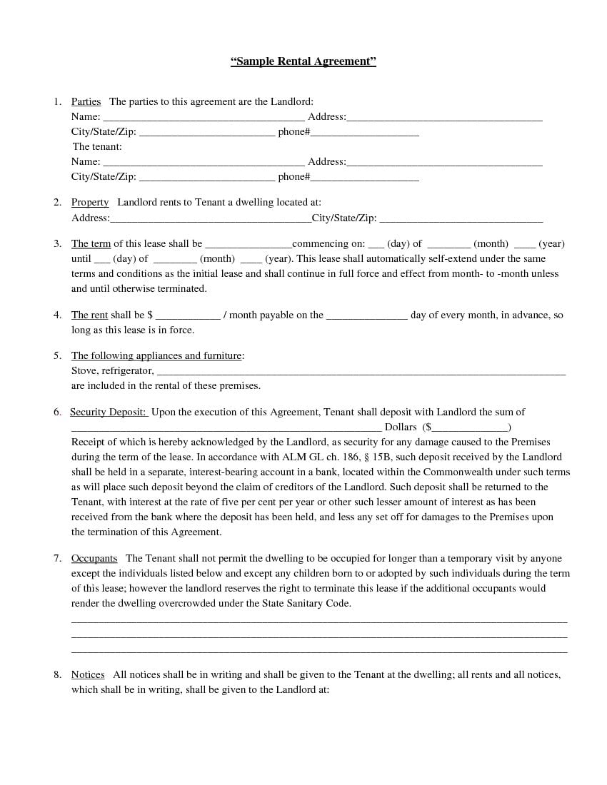 Download Free Sample Rental Lease Agreement Printable Lease Agreement