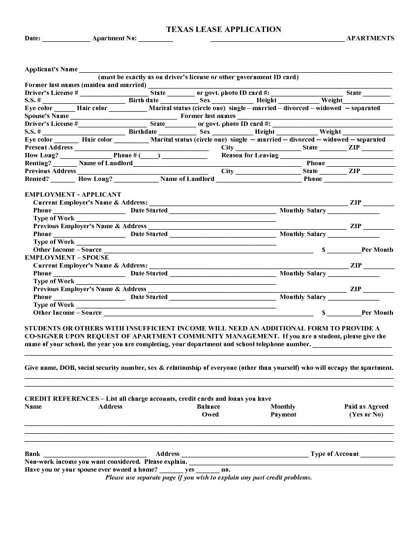 Download Free Texas Rental Lease Application Form Printable Lease Agreement 5404