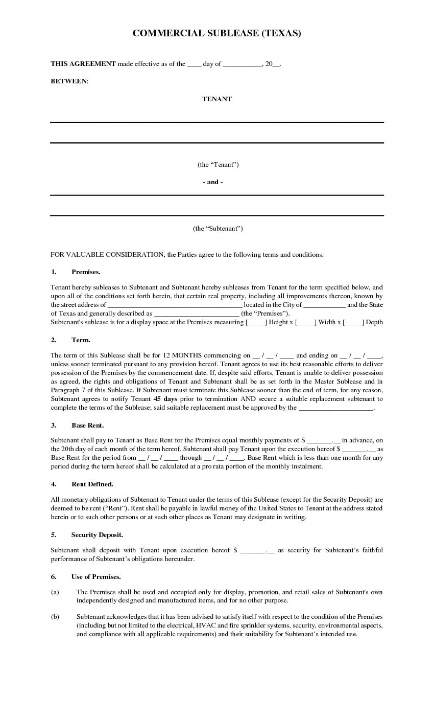 Download Free Texas Sublease Agreement Commercial Printable Lease Agreement